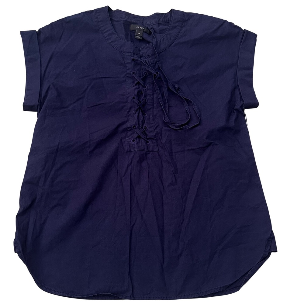 J.Crew Navy Blue Lace Up Front Cotton Short Sleeve Top 0P RN77388